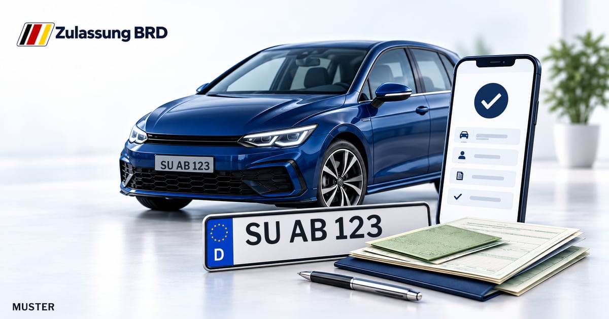 Online Fahrzeugzulassung in Bad Honnef: Musterkennzeichen SU AB 123, Auto und Fahrzeugpapiere und Smartphone. Illustration mit Logo von Zulassung BRD.